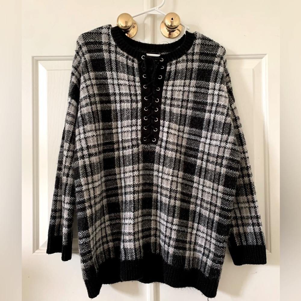 Forever 21 Plaid Sweater with Lace Up Front